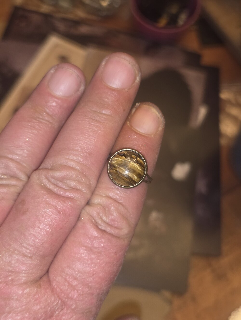 Brown & Gold Tiger Eye Ring On Bezel For Ring, Adjustable Size